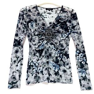 Karen Kane Mesh Sheer Floral Long Sleeve Top Blouse M Petite Y2K Vintage Gray